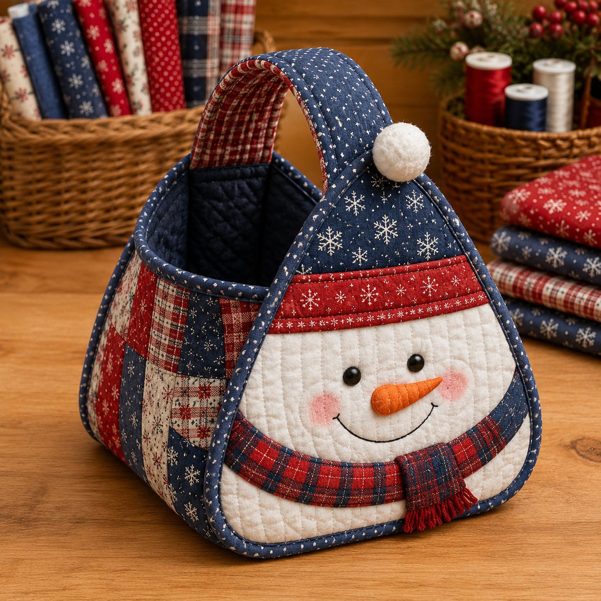 Snowman Christmas Quilted Carry Basket Sewing Kit