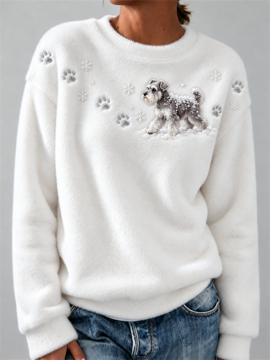 Women's Schnauzer Dog in the Snow Paw Prints & Snowflakes Print Cozy Flannel Sweatshirt