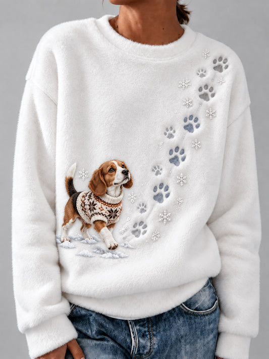 Women's Winter Snowy Beagle Pattern Casual Flannel Sweatshirt