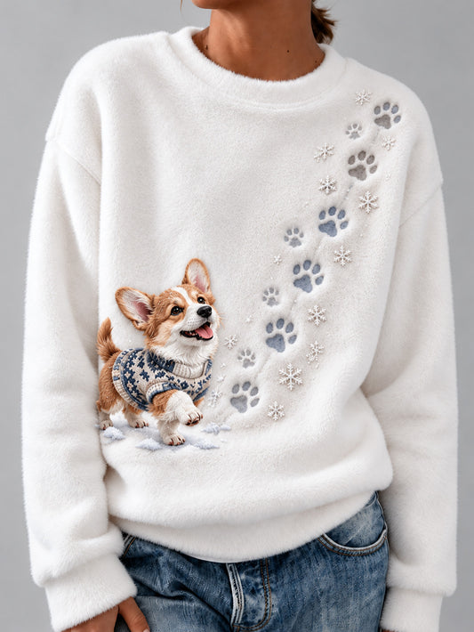 Women's Winter Snowy Corgi Pattern Casual Flannel Sweatshirt