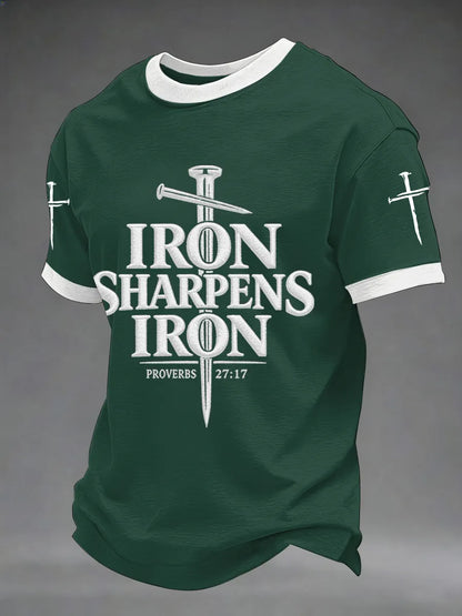 Men's Iron Sharpens Iron Proverbs 27:17 Christian Cross Print Casual Tee