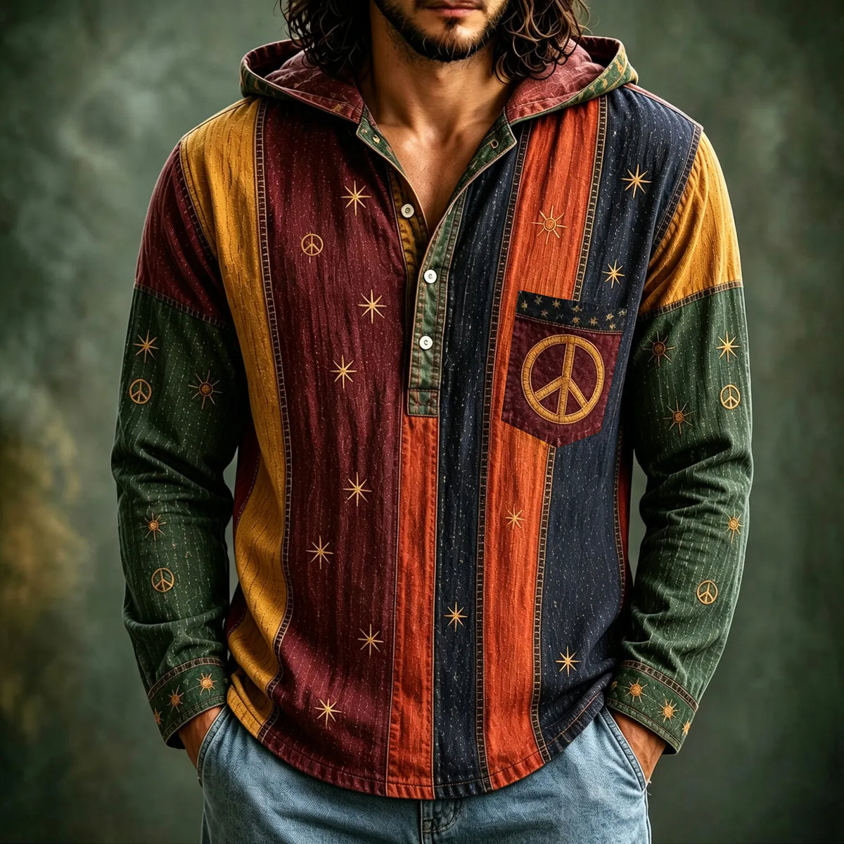 Men's Vertical Stripe Peace Star Print Hoodies