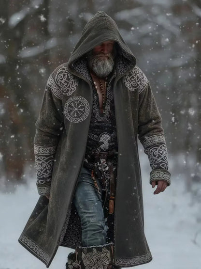 Men's Viking Raven Fleece-Lined Hooded Jacket - Gray Vintage Print