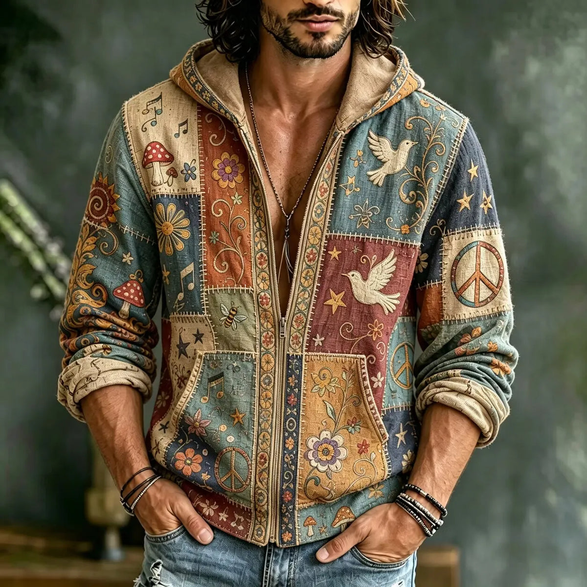 Men's Floral Music Bee Peace Sign Print Zipper Hoodies