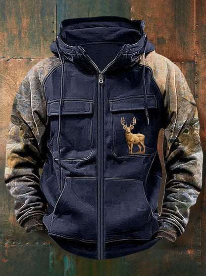 Men's Vintage Western Deer Print Multi-Pocket Jacket