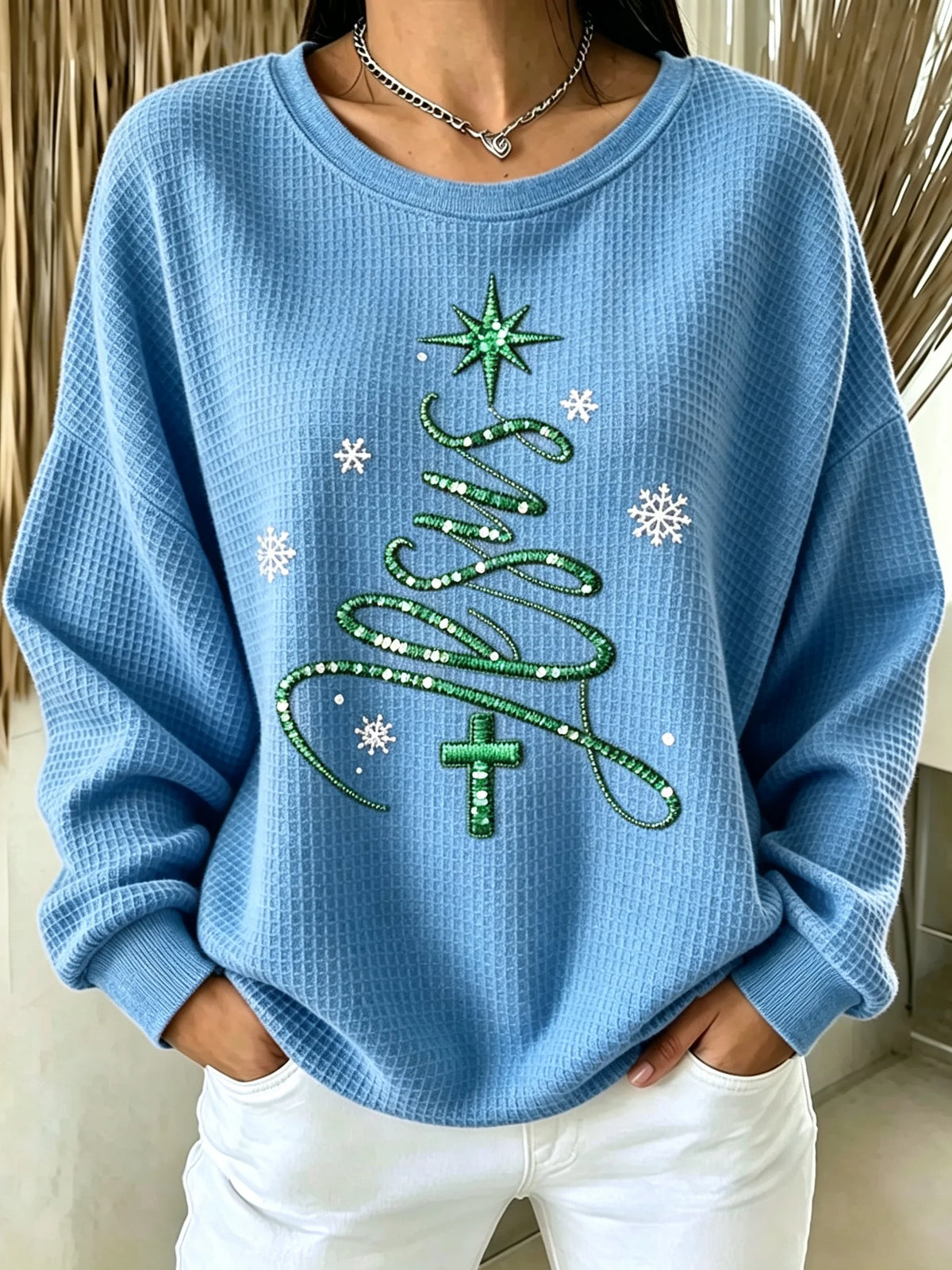 Women's Christmas Faith Print Casual Waffle Long-Sleeve Top