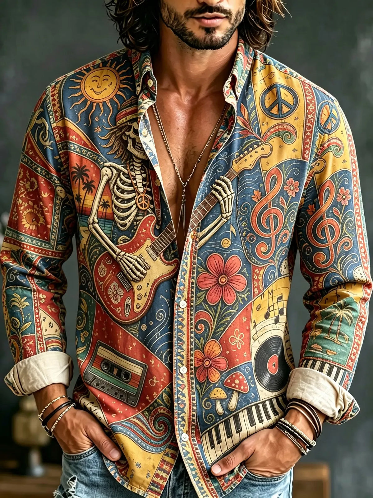 Men's Vibrant Patchwork Music Skeleton Floral Art Print Shirt