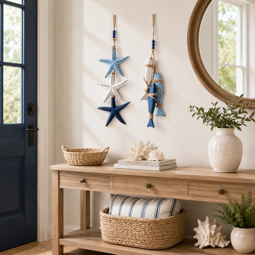 Lighted Coastal Wooden Hanging Decor - Starfish & Fish Wall Ornament