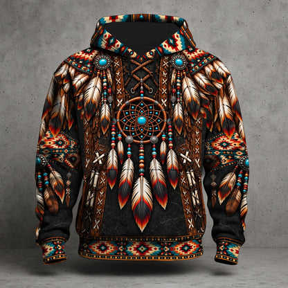 3D Hoodie Native American Faux Leather Vest Hoodie, Southwestern Tribal Eagle Feather Graphic