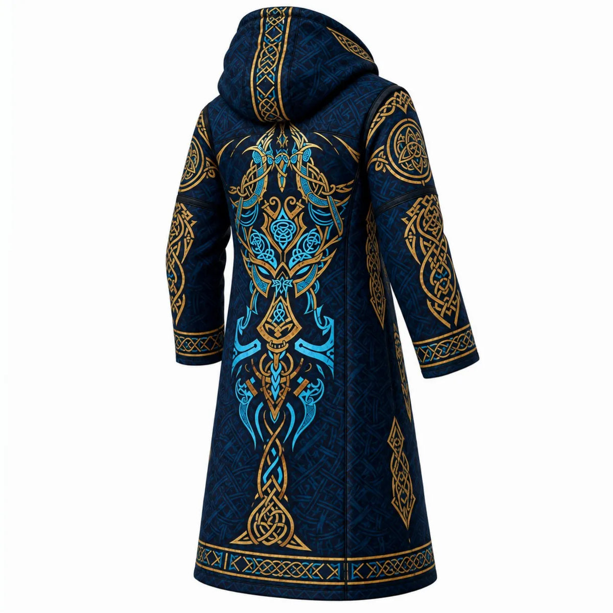 Royal Blue Gold Nordic Pattern Longline Hooded Fleece Coat