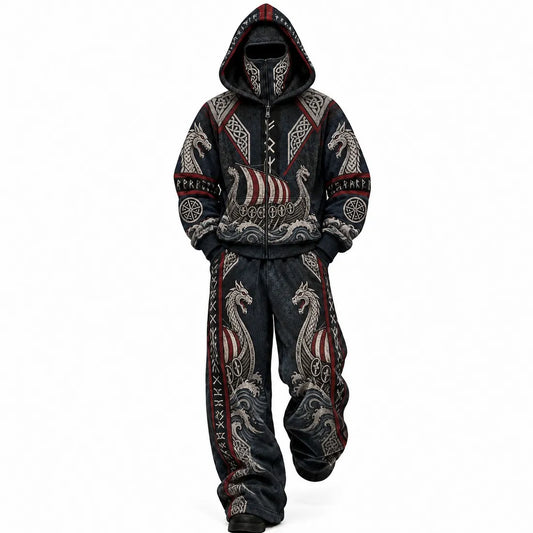 Navy Viking Dragon Longship Mask Hoodie Set