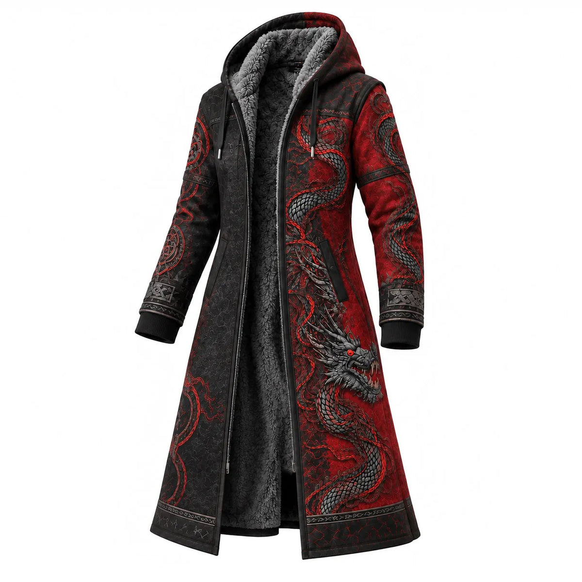 Black Red Nordic Pattern Longline Hooded Fleece Coat