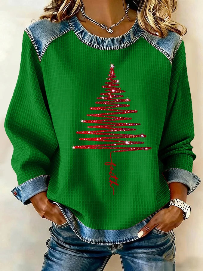 Women's Christmas Waffle Crew Neck Casual Sweatshirt