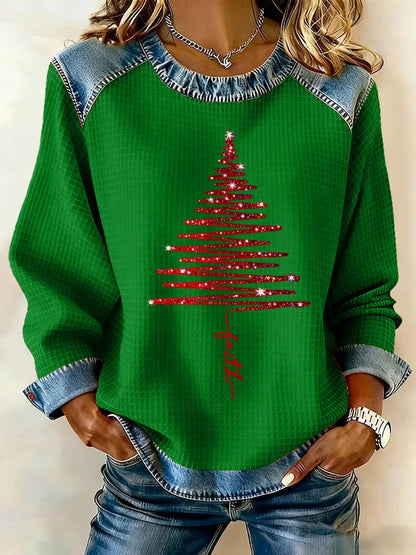 Women's Christmas Waffle Crew Neck Casual Sweatshirt