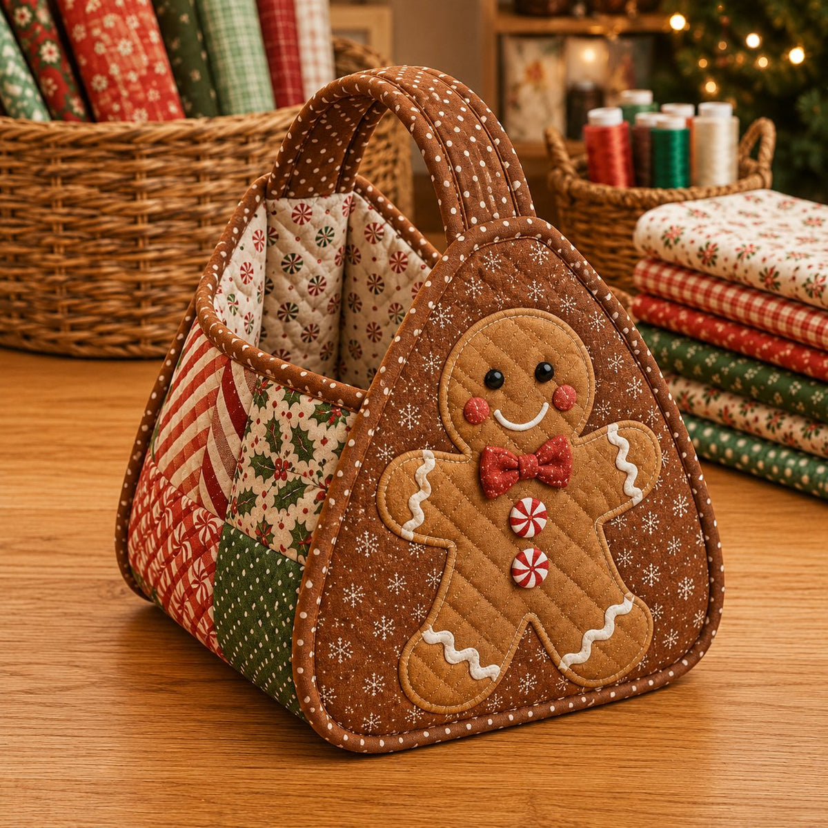 Gingerbread Man Christmas Quilted Carry Basket Sewing Kit