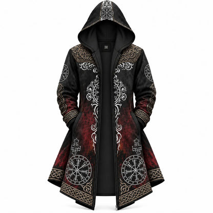 Black Red Viking Rune Compass Zip-Up Hooded Jacket
