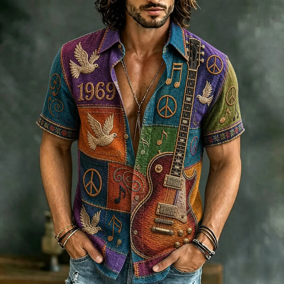 Men's 1969 Retro Guitar Dove Peace Hippie Patchwork Print Short Sleeve Buttons Shirt