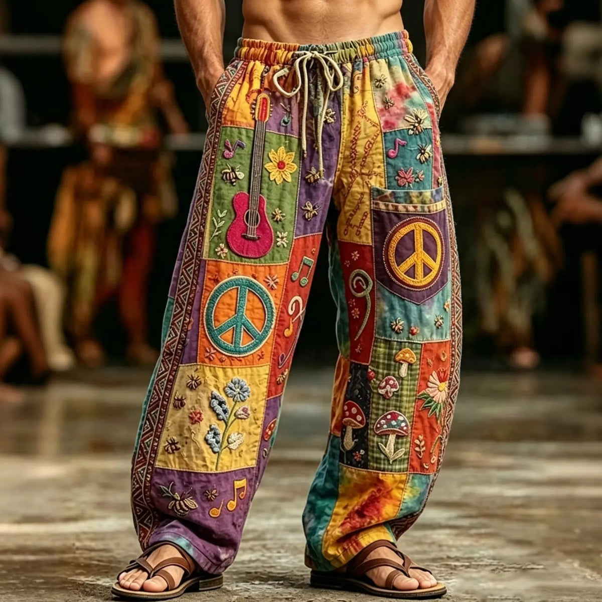 Men's Hippie Art Guitar Mushroom Floral Colorblock Tie-Dye Print Pants