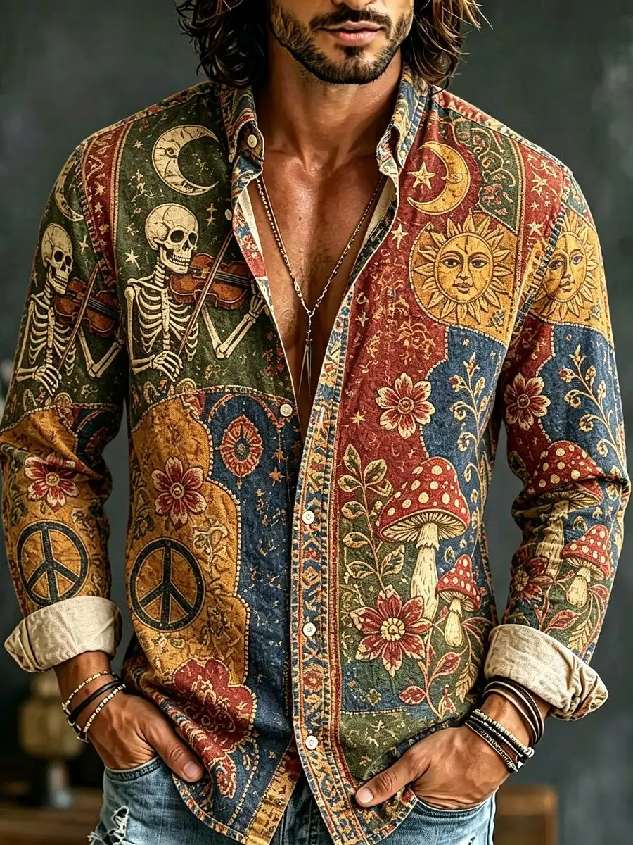 Men's Boho Skeleton Violin Sun Moon Floral Art Print Shirt