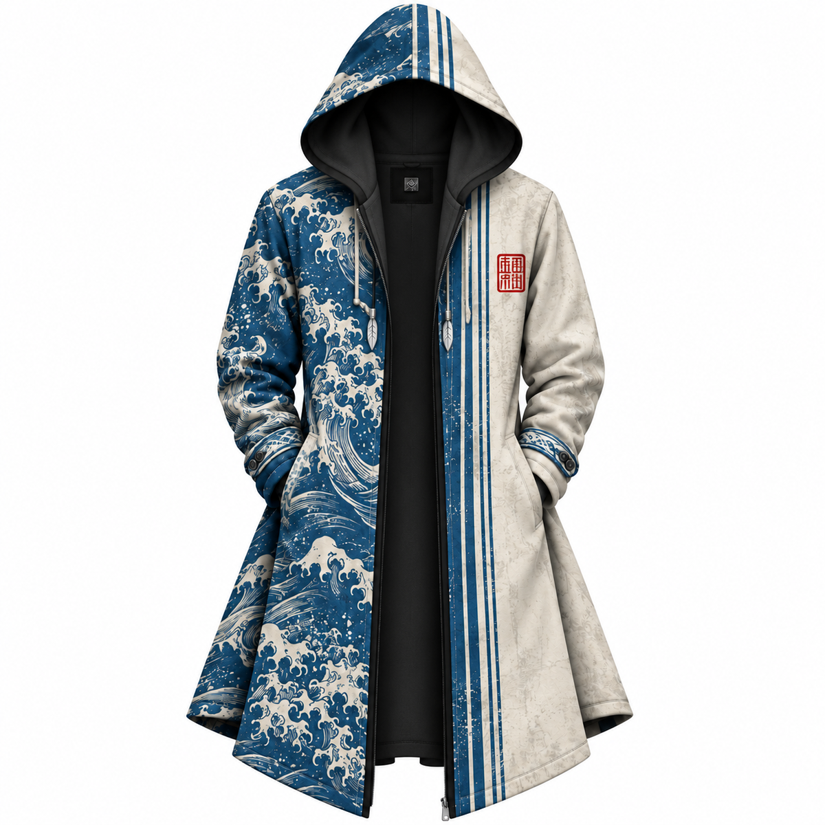Blue White Japanese Wave Zip-Up Hooded Jacket