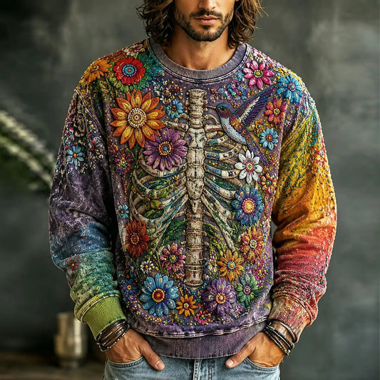 Men's Rainbow Tie Dye Skeleton Blossom Print Crew Neck Sweatshirt