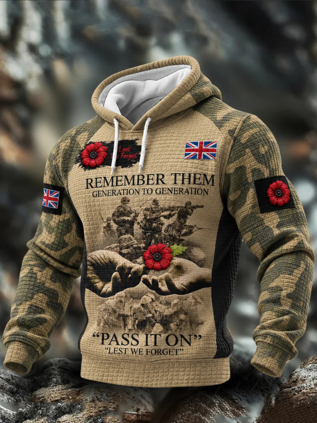 Men's Remembrance Day Lest We Forget  Checkered Cotton Hoodie