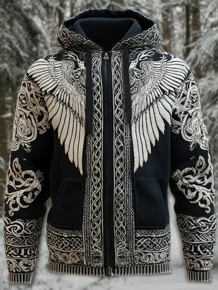 Men's Viking Mythology Viking Wings Zipper Vintage Cozy Hooded Sweater