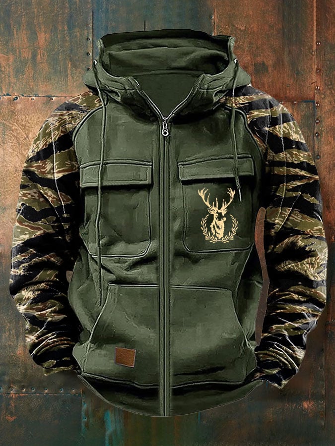 Men's Vintage Western Deer Print Multi-Pocket Jacket