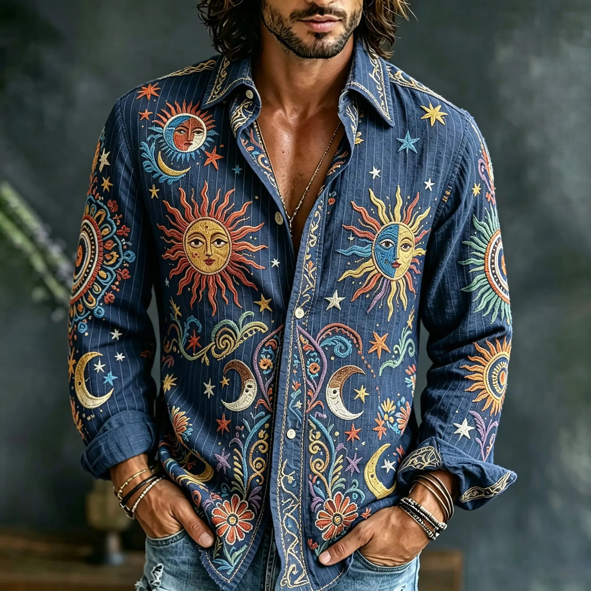 Men's Retro Striped Sun Moon Vine Print Shirt