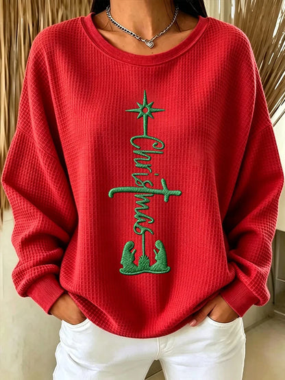 Women's Christmas Faith Print Casual Waffle Long-Sleeve Top