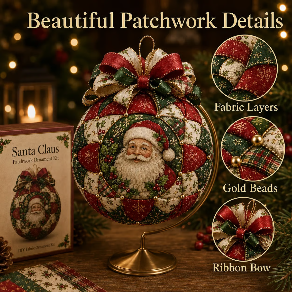 Patchwork ornament fabric layers gold beads and ribbon bow details