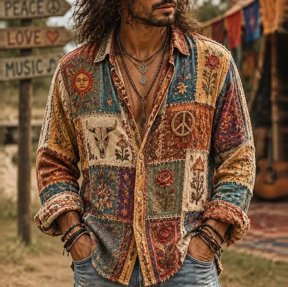 Men's Colorblock Western Bull Skull Rose Peace Sign Print Shirt