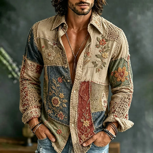 Men's Boho Style Retro Floral Colorblock Print Shirt