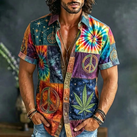 Men's Tie Dye Peace Hippie Patchwork Boho Print Short Sleeve Buttons Shirt