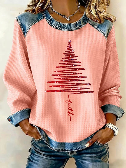 Women's Christmas Waffle Crew Neck Casual Sweatshirt