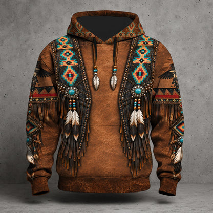 3D Hoodie Native American Faux Leather Vest Hoodie, Southwestern Tribal Eagle Feather Graphic