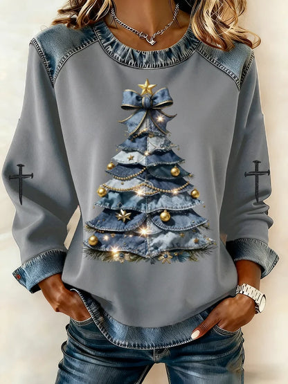 Women's Casual Denim Christmas Tree Print Sweatshirt