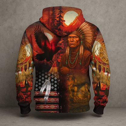 3D Hoodie Native American Faux Leather Vest Hoodie, Southwestern Tribal Eagle Feather Graphic