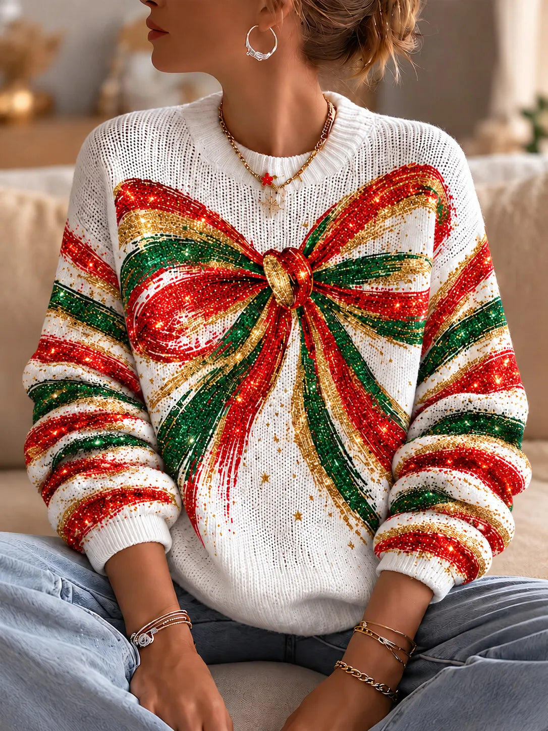 Women's Glitter Bow Star Stripe Christmas Art Print Knit Sweater