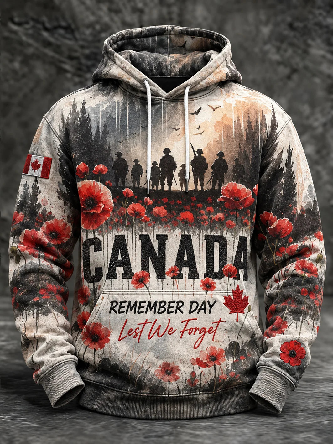 Men's Last We Forget Slogan Papaver Rhoeas Pattern Printed Causal Hoodie