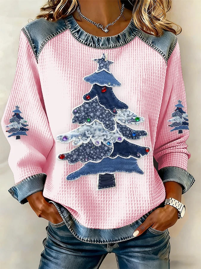 Women's Casual Western Christmas Tree Waffle Sweatshirt