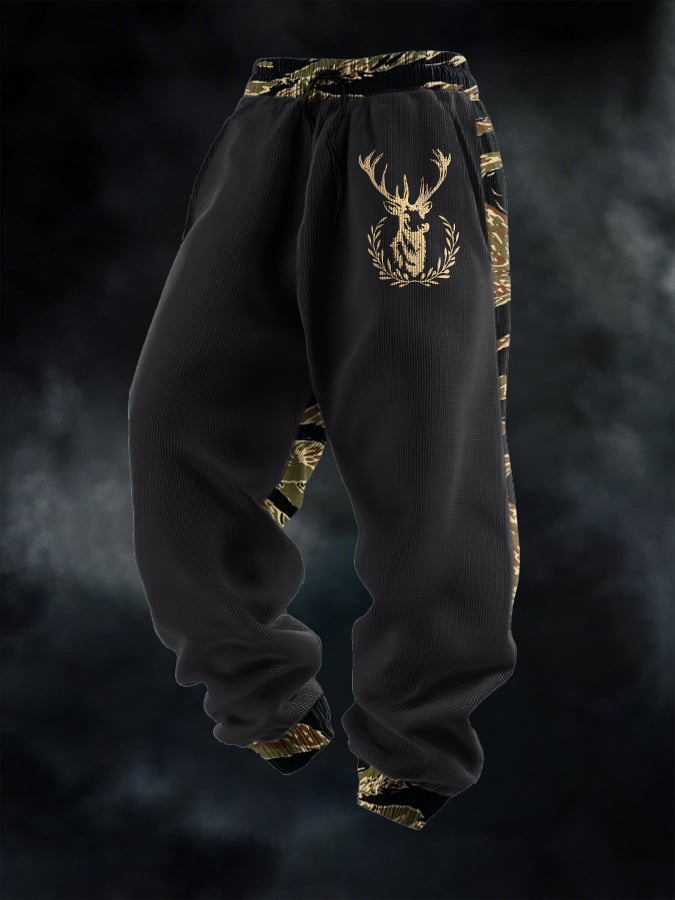 Men's Casual Waffle Camouflage Elk Pattern Sweatpants