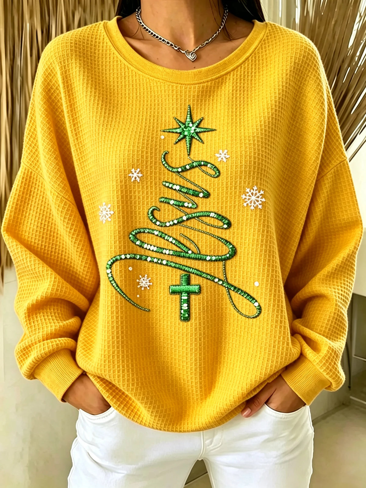 Women's Christmas Faith Print Casual Waffle Long-Sleeve Top