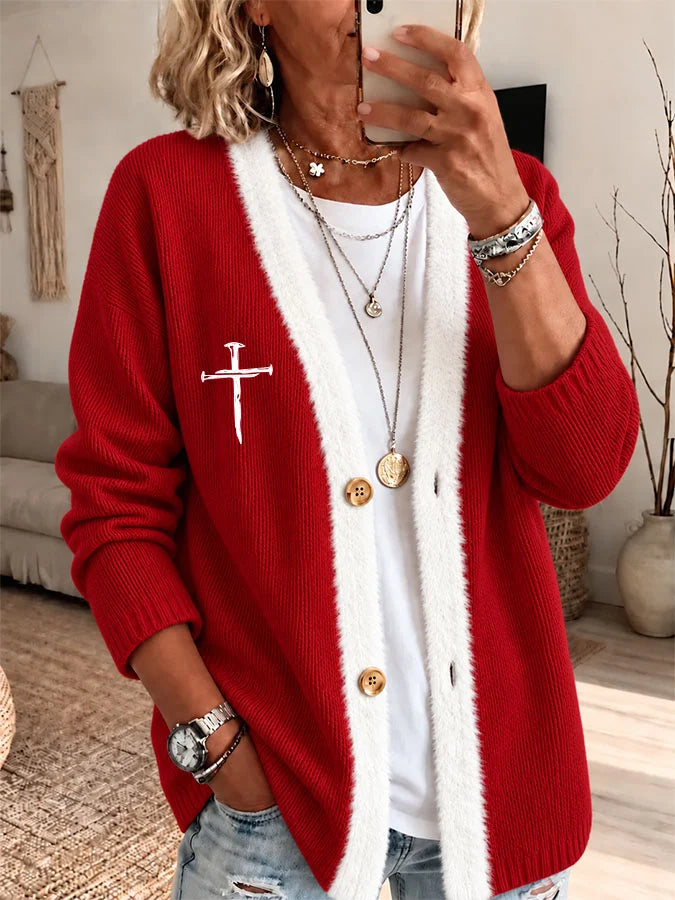 Women'S Casual Patchwork White Cardigan With Wool Stripes