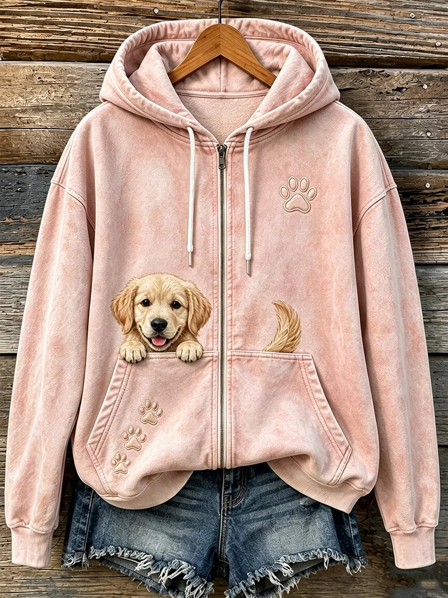 Women's Cute Peeking Golden Retriever & Paws Print Cozy Zip-Up Hoodie