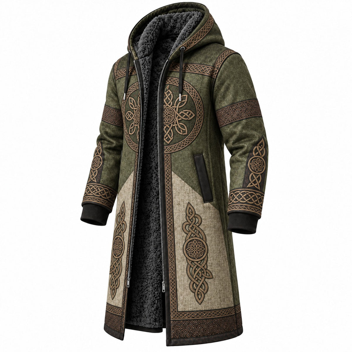 Olive Green Beige Nordic Pattern Longline Hooded Fleece Coat