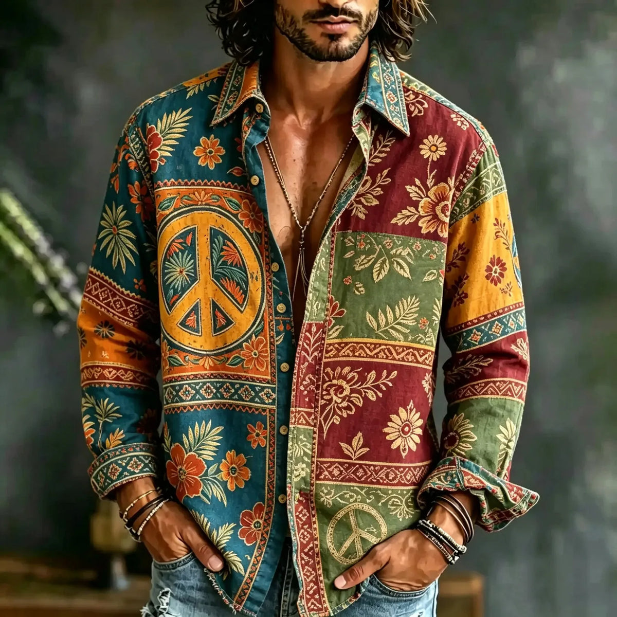 Men's Hippie Peace Sign Tropical Floral Patchwork Print Shirt