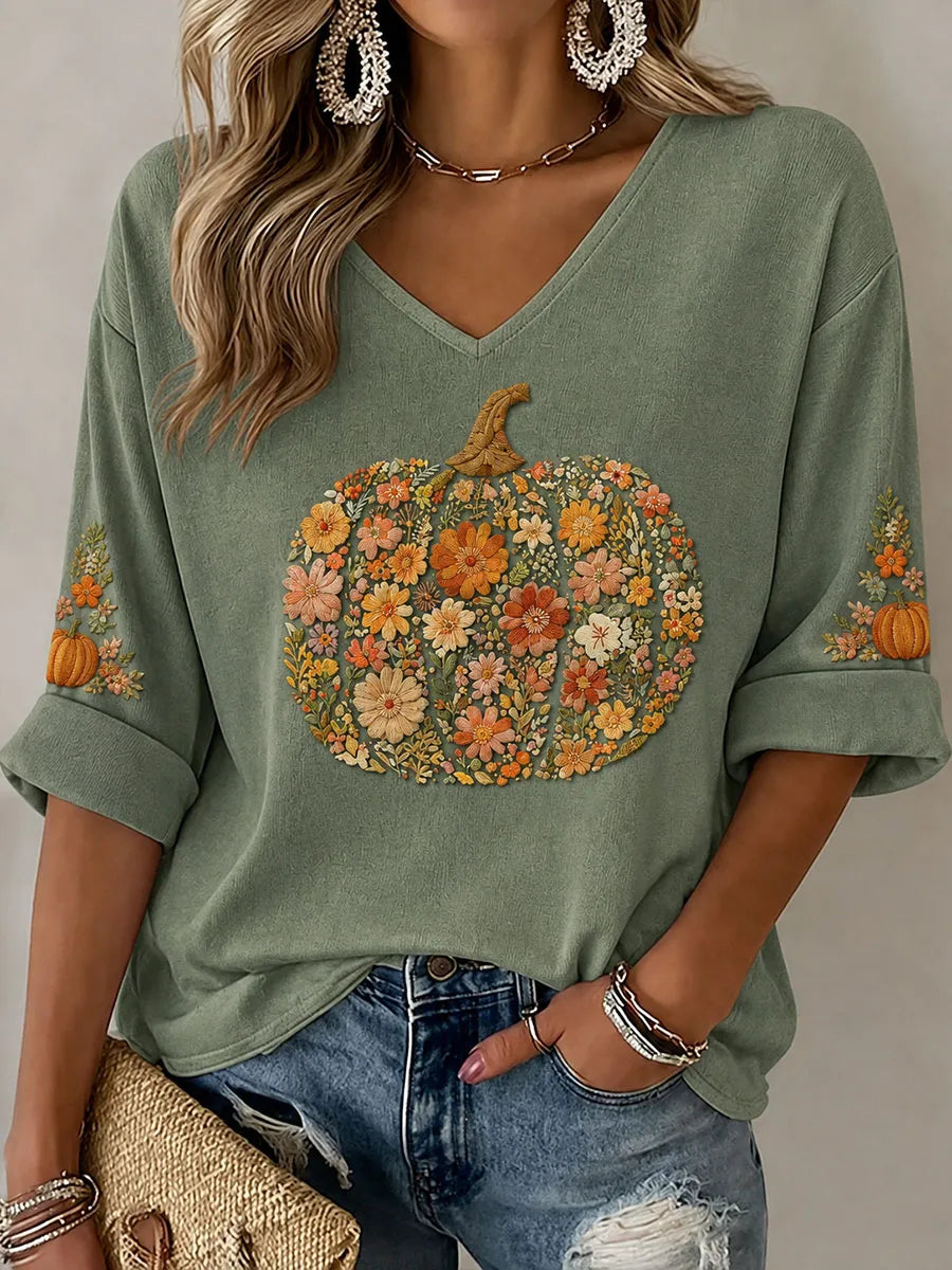 Women's Pumpkin Flowers Mid-length Sleeves V-Neck T-Shirt