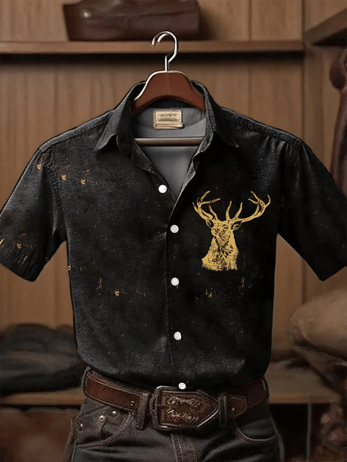 Men's Retro Western Contrast Print Short Sleeve Casual Shirt