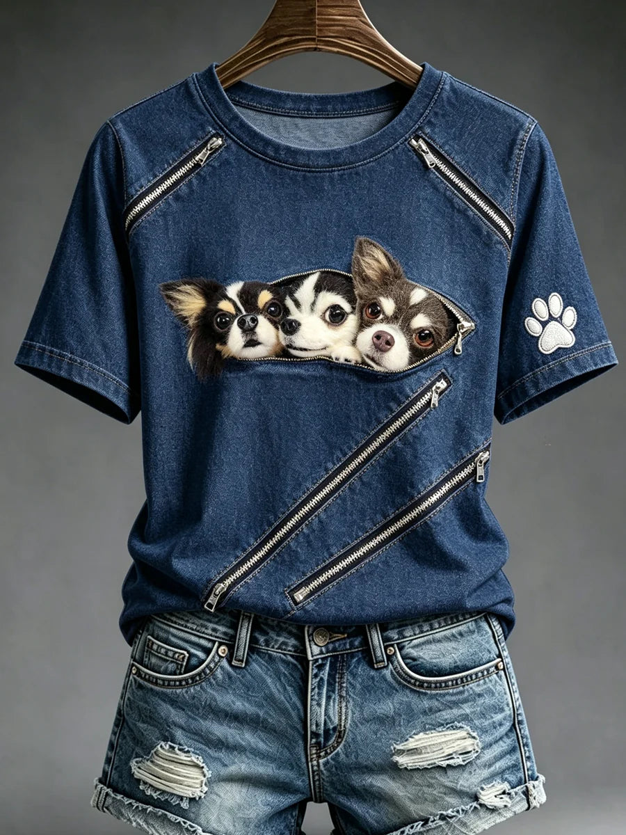 Women's Animal Dog Zipper Printed Vintage Fashion Loose Short Sleeve T-Shirt